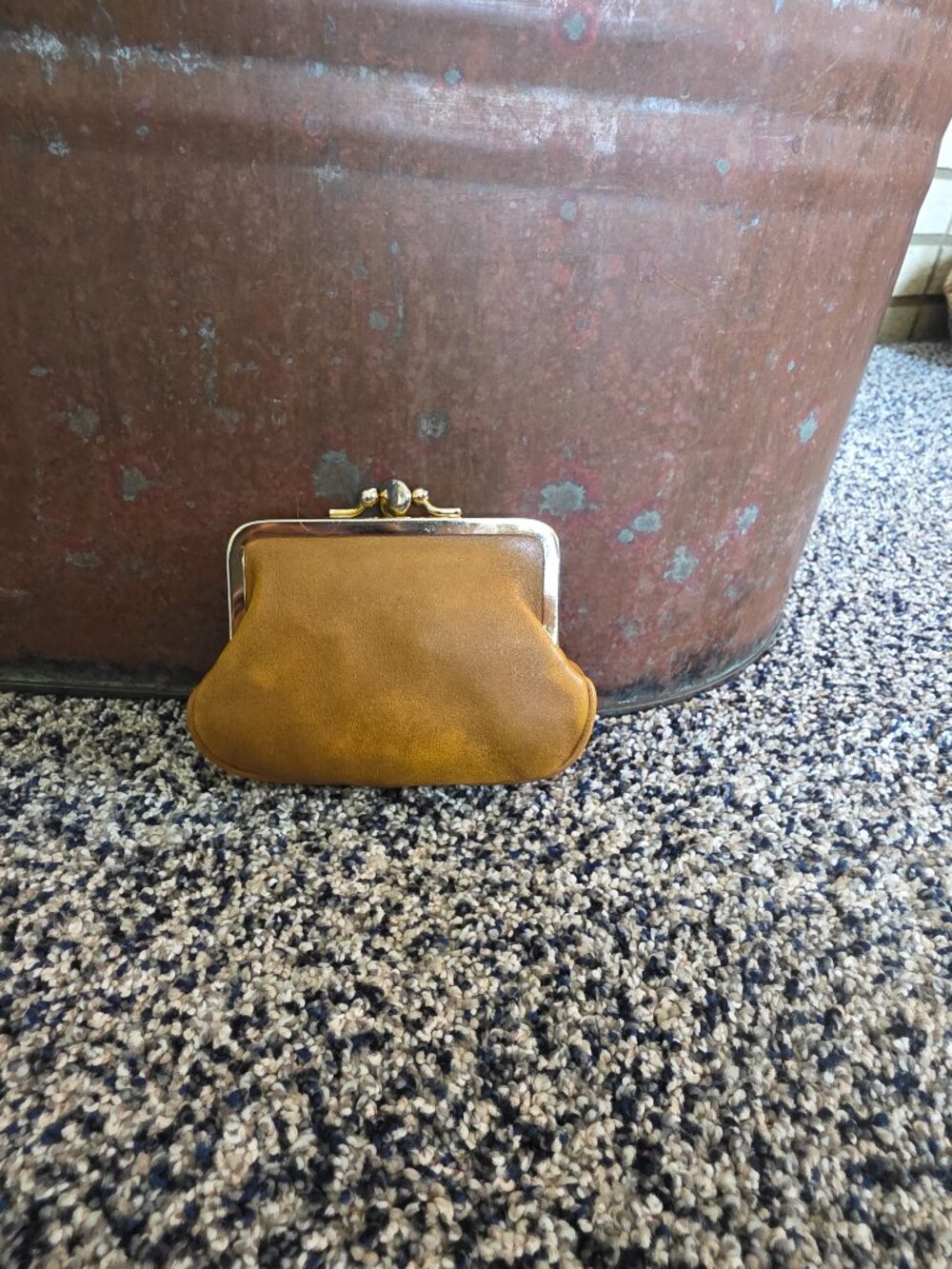 Vintage Tan Leather Double Kiss Lock Coin Purse Pouch Small Frame - Picture 3 of 9